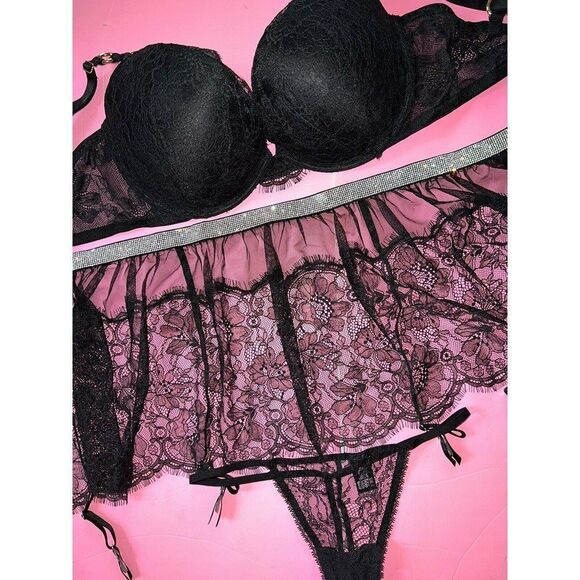 Victoria's Secret 36C,36DD,36DDD BRA SET+M/L garter skirt BLACK lace SHINE STRAP - Picture 2 of 5